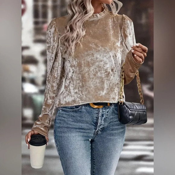 NWT- Crushed Velvet Ruffle Neck Top - Picture 3 of 4